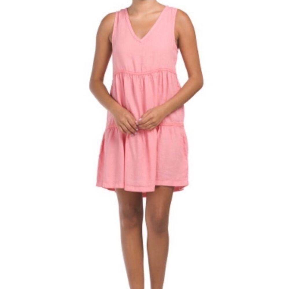 Lucky Brand Pink 100% Linen Tiered Dress Large Beachy Casual Swim Resort Cruise